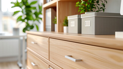 Wooden dresser with organized storage boxes and plant