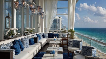 Luxury balcony lounge with ocean view and blue decor daylight setting