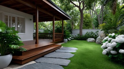 Wooden patio connecting home to lush green garden