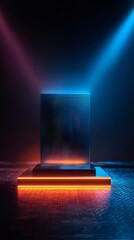 Podium presenting abstract digital technology with neon light