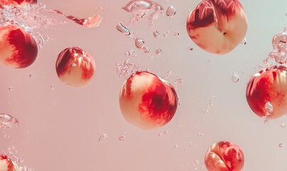 Fototapeta premium Fresh peaches floating in rippled clear water with soft summer light
