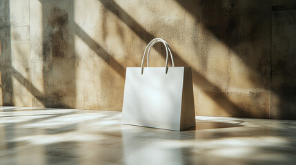 White shopping bag mockup standing on marble floor