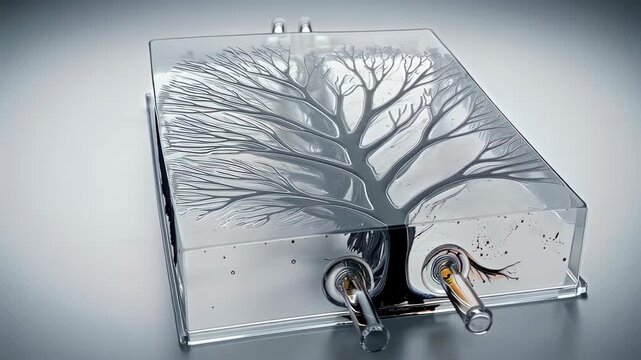 Innovative laboratory process showing the removal of sacrificial black ink from a 3d printed vascular network, leaving a clear, transparent microfluidic channel system for scientific research