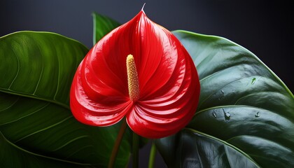 Vibrant Red Anthurium Flower With Glossy Green Leaves