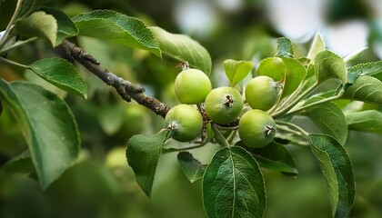 Unripe Fresh Small Apple Fruits Among Tree Branches And Leaves