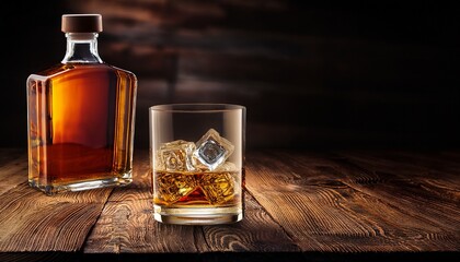 Whiskey Glass And Bottle On The Old Wooden Table