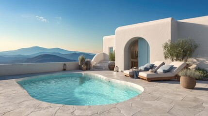 Luxury villa with swimming pool and mountain view under clear sky
