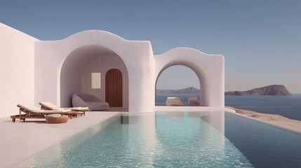 Modern poolside villa with archways and ocean view under a clear blue sky