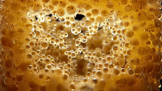 Extreme close up of a golden porous organic texture with bubbling cells slowly shrinking and contracting on a black background, suggesting a living, breathing substance in a scientific context. asmr,