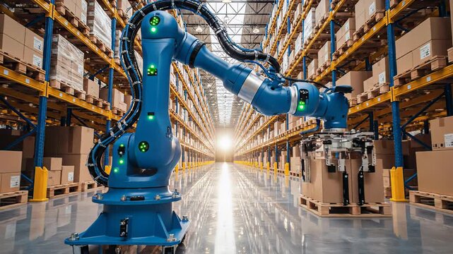 Advanced robotic arm meticulously lifting and transporting a cardboard box from a pallet in a modern. Fully automated warehouse. Showcasing futuristic logistics and efficient supply chain management
