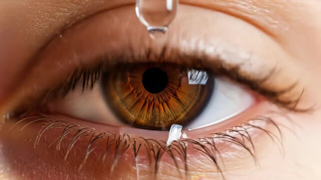 Extreme close up of a brown human eye receiving a clear drop from a pipette, illustrating ophthalmic treatment, moisturizing eye care, vision health and clinical instillation procedure