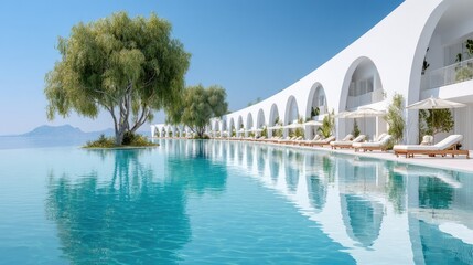 Modern architecture with swimming pool and mature trees under blue sky