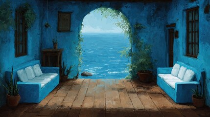 Tranquil room overlooking ocean view painted with shades of blue and textures