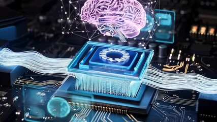 Futuristic central processing unit performing complex calculations for an artificial intelligence system, interfacing with a digital human brain model and advanced neural network connections - Powered by Adobe