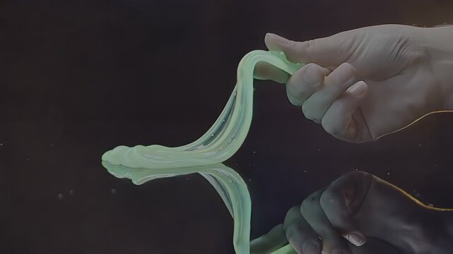 Male hand stretching and squeezing colorful gooey slime on a reflective surface, tactile asmr style sensory play for stress relief, relaxation, mindfulness, and satisfying texture exploration. asmr,