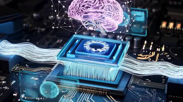 Futuristic central processing unit performing complex calculations for an artificial intelligence system, interfacing with a digital human brain model and advanced neural network connections