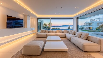 Modern living room with a large sofa tables and panoramic windows