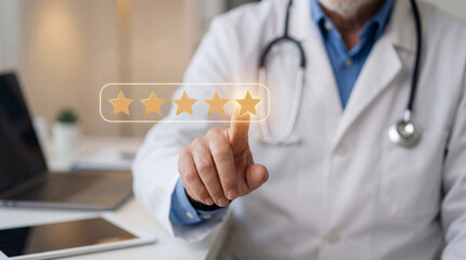 Doctor evaluating healthcare service quality with five-star rating in floating digital interface with his finger