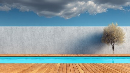 Minimalist poolside scene with tree against sky and wall background