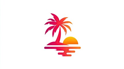 Tropical sunset island design with palm tree and sun illustration