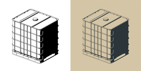 Plastic tank on a metal pallet isometric illustrations