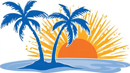 Stylized palm trees with orange sun and water line isolated illustration
