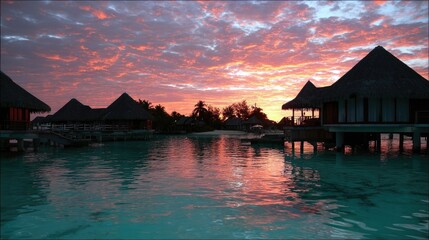 Sunset over water villas tranquil scene of tropical vacation and calm evening