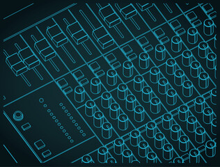Professional audio mixer close-up isometric blueprint