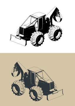 Forestry skidder with grab isometric illustrations