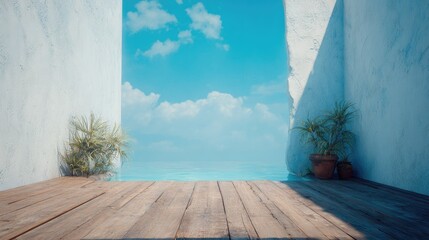 Wooden deck with potted plants against a bright blue sky background