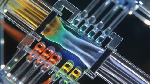 Microfluidic chip showing mixing and flow of different colored liquids in channels under magnification