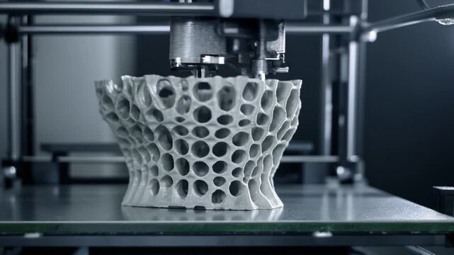 3D printer creating a complex, intricate lattice-like structure with advanced manufacturing technology