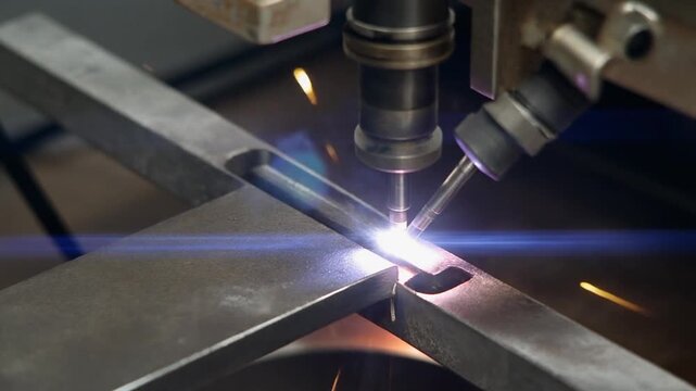 Dynamic close-up of a high-precision automated machine actively performing a specialized metal fabrication process, generating bright sparks and intense light in an industrial setting