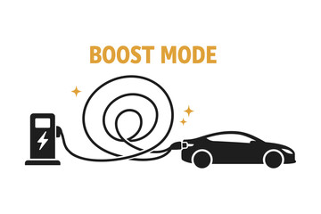 Electric car charging with boost mode feature and stylized cable loop illustration