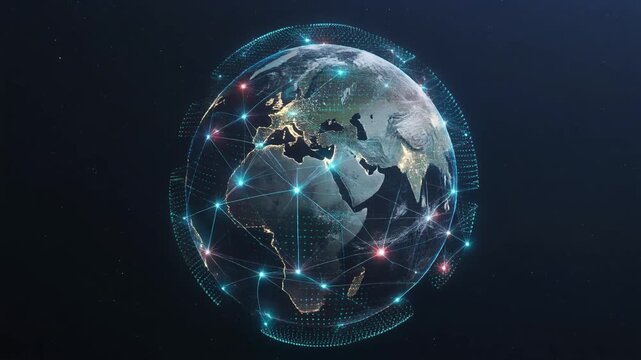 Vibrant digital globe illustrating an intricate global communication network, representing interconnectedness, technological advancement, and the flow of information worldwide