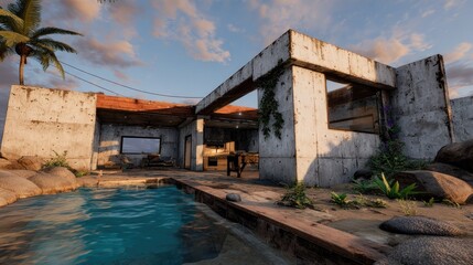 Deserted concrete building next to a pool under a cloudy sky landscape