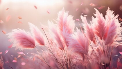 ethereal pink pampas grass in soft light falling petals dreamy nature scene
