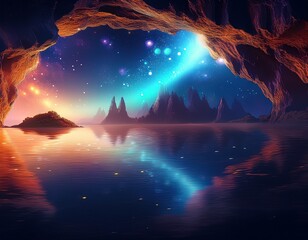 fantasy island with glowing starry cave