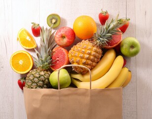fresh assorted fruits in paper shopping bag