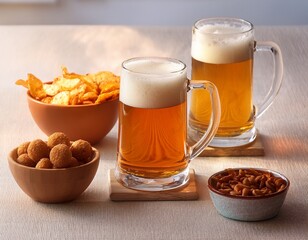 frothy mugs of amber beverage accompany bowls of savory snacks on a light surface