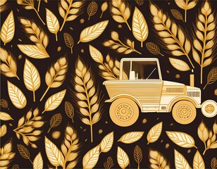 golden farm pattern with leaves wheat and tractor