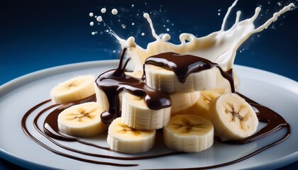 sliced bananas with chocolate drizzle and milk splash