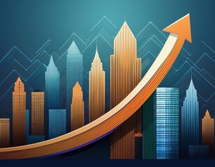 upward trending arrow graphic with urban skyscrapers symbolizing financial growth and success ahead