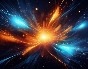 abstract digital explosion with vibrant blue and orange energy particles on a deep black background