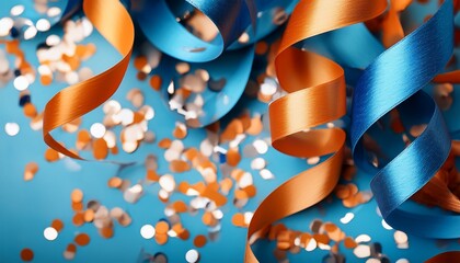 blue and orange party streamers with confetti