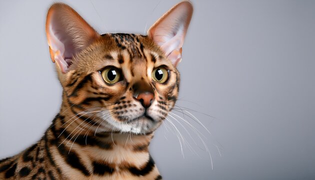 stunning close up of a captivating ocicat with expressive features against a soft gray background