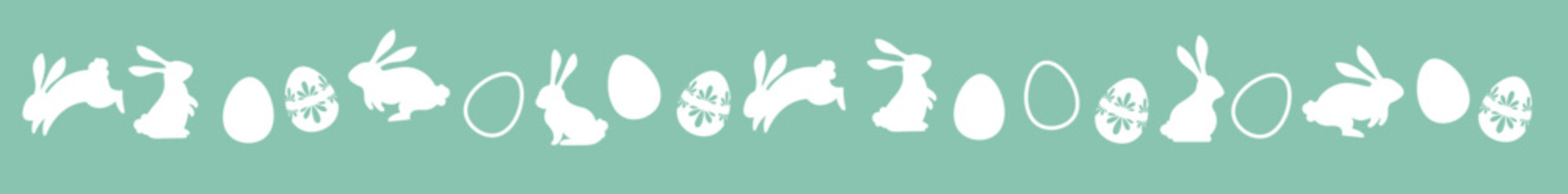 Easter border silhouette with rabbits and decorated eggs. Seamless horizontal garland divider for spring holiday design. Black vector icons isolated on white background
