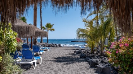 Beachfront scene with straw umbrellas palm trees blue chairs and ocean view