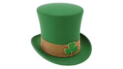 Green top hat with gold band and shamrock on transparent background