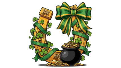 Lucky horseshoe with pot of gold coins and green ribbon on transparent background